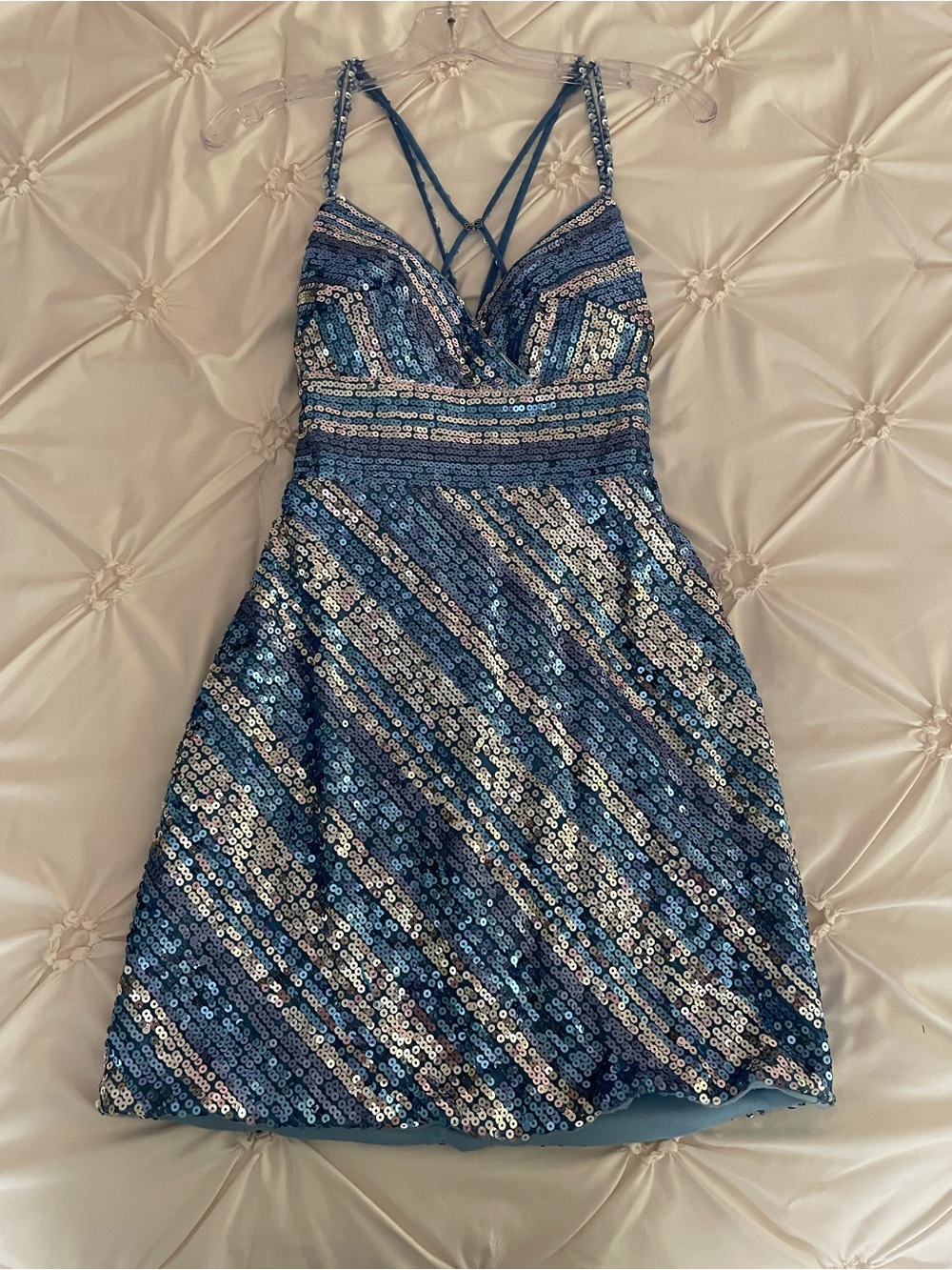 Iridescent Blue Sequin Mini Dress with Strappy Back
